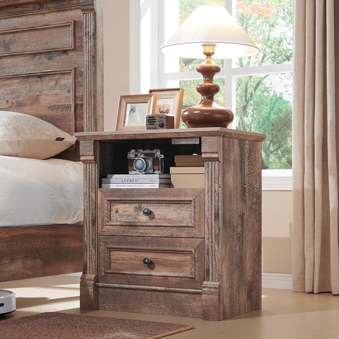 Aitjunz 26" Tall Farmhouse Nightstand, 2 Drawers End Table w/Charging Station, 23.6" Wide Large Side Table w/Roman Column, Wood Rustic Sofa Table w/Open Shelf, Bedside Table for Bedroom, Light Brown by AITJUNZ