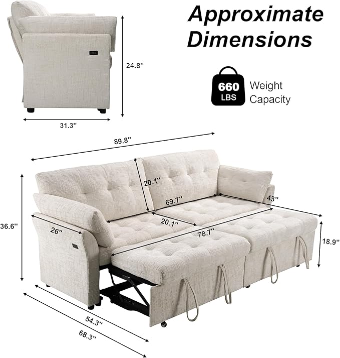 Casaphoria 3 in 1 Sofa Bed with Wheels & USB Port – Convertible Sleeper Sofa L-Shaped Pull-Out Bed for Living Room Apartment 3-Seater Couch in Beige