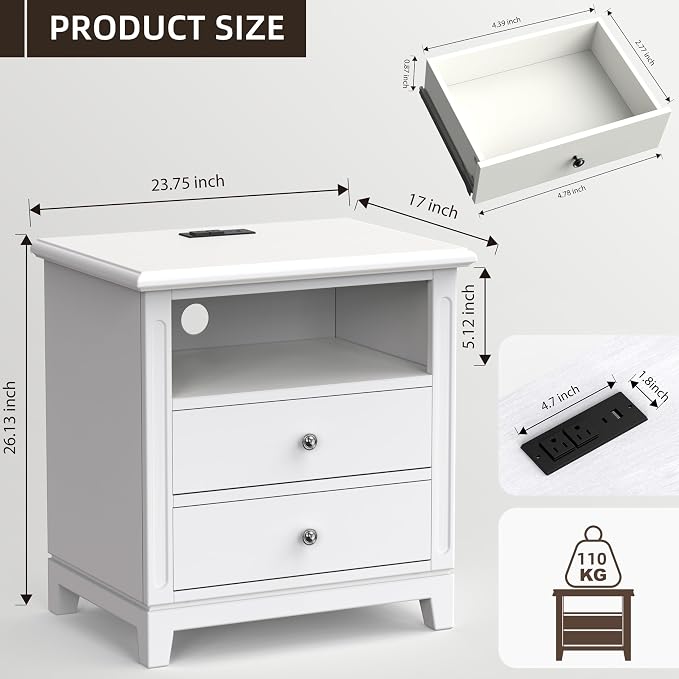 24" Wide Farmhouse Nightstand with Charging Station, Solid Wood End Table with 2 Large Drawers & Open Shelf, Bedside Table with USB Ports and Outlets, Side End Table for Bedroom - Image 2