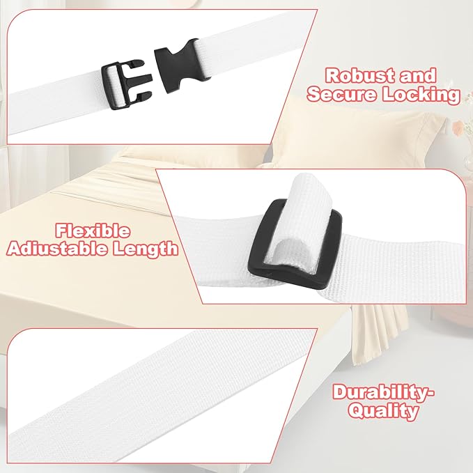 4 Pcs Mattress Topper Straps,63" L x 1.5" W,Adjustable Foam Mattresses Packing Straps with Sturdy Locked Buckles for Moving House Gel Mattress Topper,Storing Bedding Supplies,White