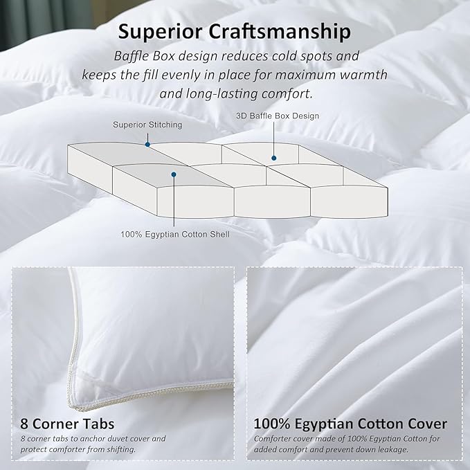 Luxurious Goose Down Feather Fiber Comforter Duvet Insert, Plain Solid Design,White 120 x 120, Premium Baffle Box 100% Egyptian Cotton, 85 oz Fill Weight, Super King