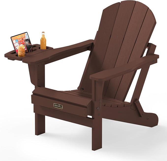 SERWALL Folding Adirondack Chair for Outdoor, Paito Adirondack Chairs with 4 in 1 Cup Holder, All-Weather Patio Chairs with Wood Texture, Fire Pit Chairs for Deck Porch Garden Poolside -Coffee by SERWALL