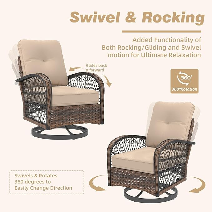EROMMY 3 Pieces Patio Furniture Set, Outdoor Swivel Rocker Patio Chairs, Wicker Patio Bistro Set with Rocking Chair, Thickened Cushions and Glass Coffee Table for Backyard, Garden, Khaki