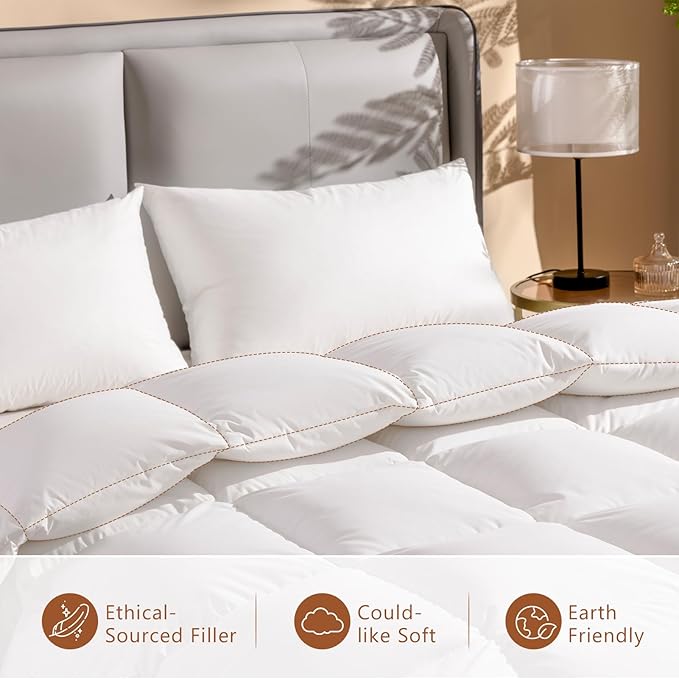 DWR Luxury Queen Size Down Comforter, 50% Real Down Filled, Ultra-Soft Cotton Blend, Medium Weight for All Season, Hotel Style Duvet Insert with Ties (90x90 Inches, White)