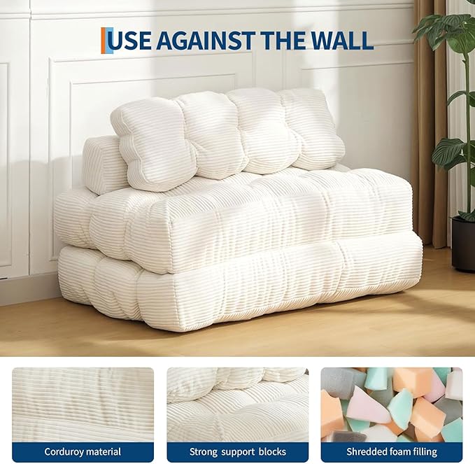 Folding Sofa Bed with Back Support, Convertible Sleeper Chair with Pilow Foldable Matress, Portable Fold Out Chair Bed Comfy Floor Sofa Lounge for Living Room Bedroom, Beige, Double