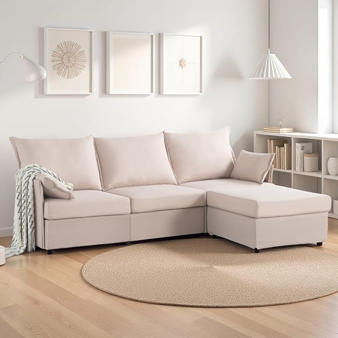 93.7” Sectional Sofa with Movable Ottoman, 3 Seaters L Shaped Couch Modular Sofa Bed with 2 Armrest Pillows, Small Sectional Couch for Living Room Bedroom Small Space Furniture, Beige