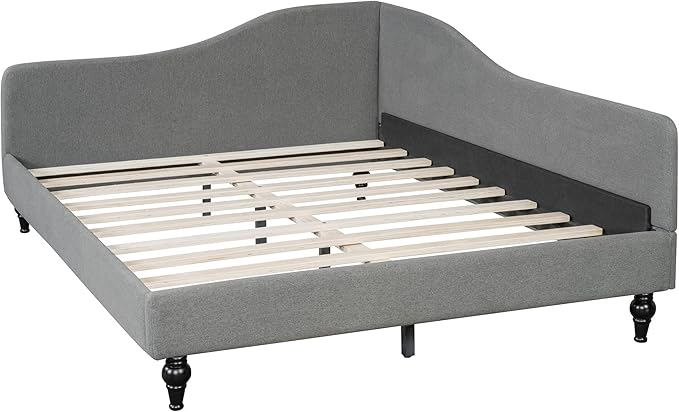 Merax Full Size Bed Frame Daybed, L-Shaped Linen Corner Sofa with Wood Legs for Living Room, No Box Spring Needed, Grey