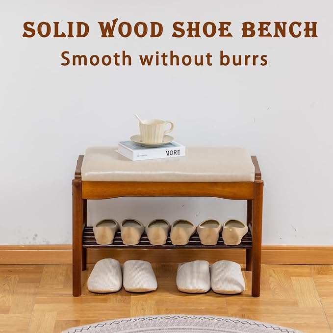 latifolia Small Shoe Bench, Solid Wood Bench with Cushion, 2 Tier Shoe Storage Organizer for Entryway(Walnut,23.62''L) - Image 4