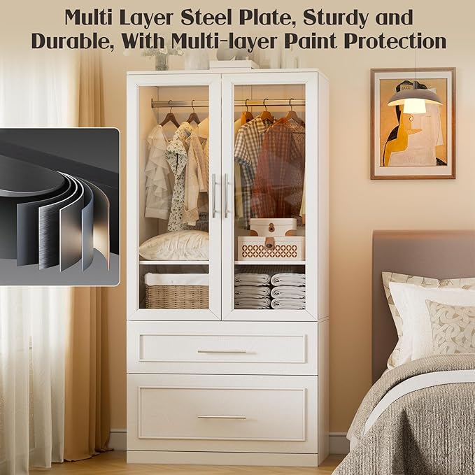 Armoire Wardrobe Closet with Drawers and LED Lights,71" Bedroom Closet Wardrobe Cabinet with 2 Glass Doors & Hanging Rod, Wooden Freestanding Armoire Storage Cabinet for Cloakroom,White