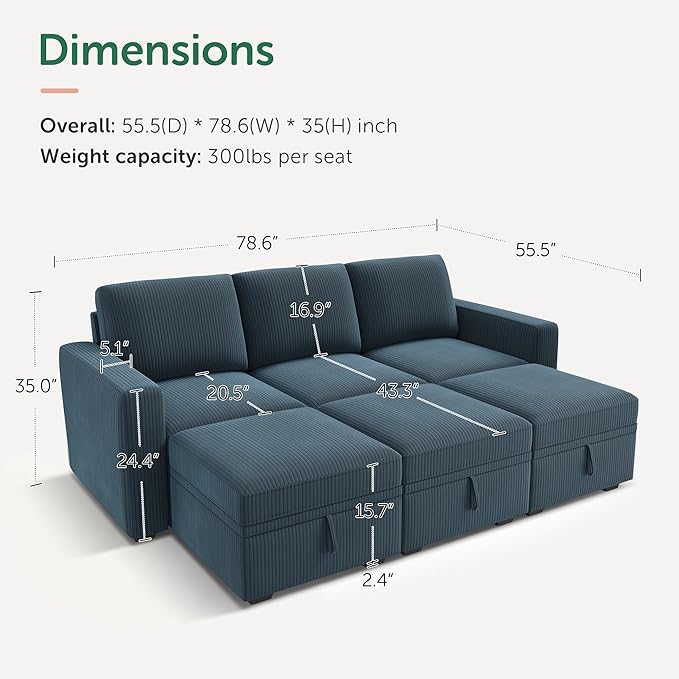 HONBAY Modular Sectional Sleeper Sofa Bed, Pull Out Couch with Storage Ottoman, U Shaped Sectional Couches for Living Room, Blue