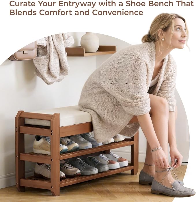 27.6" Bamboo Shoe Bench with Cushion, 5 Hooks Coat Rack, 2-Tier Storage Bench for Entryway, Heavy Duty Shoe Rack Organizer with Removable Soft Cushion for Living Room Bedroom Hallway - Image 6