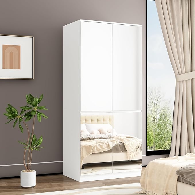 FUFU&GAGA Wardrobe with Mirror Doors, White Bedroom Armoire with Shelves, Hanging Rod, Mirror Wardrobe Closet Modern Clothes Storage Cabinet for Guest Room Cloakroom, 31.5”W x 19.7”D x 70.9”H