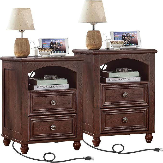 RWYHG 18" Farmhouse Night Stand Set of 2 with Charging Station, Walnut Wood Nightstand with 2 Drawers, Bedside End Table with Shelf Storage, Bed Side Tables for Bedroom, Living Room, and Closet by RWYHG