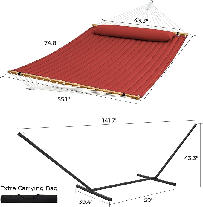 SUPERJARE Hammock with Stand, 2 Person Quilted Outdoor Hammock, Detachable Pillow & Bamboo Spreaders, Portable Hammock with Carrying Bag, Heavy Duty Stand, Perfect for Outside, Patio, Burgundy - Image 8