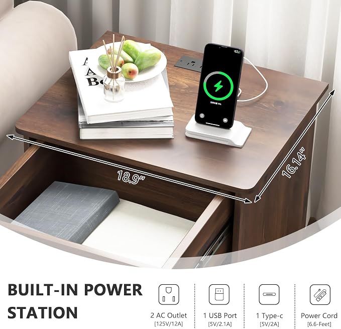 Night Stand with Charger Station, Modern Nightstand with USB Type-C Ports and AC Outlets, Large Bedside Table with Drawer and Open Storage, Wooden End Table for Bedroom (Brown, 1 Drawer) - Image 4