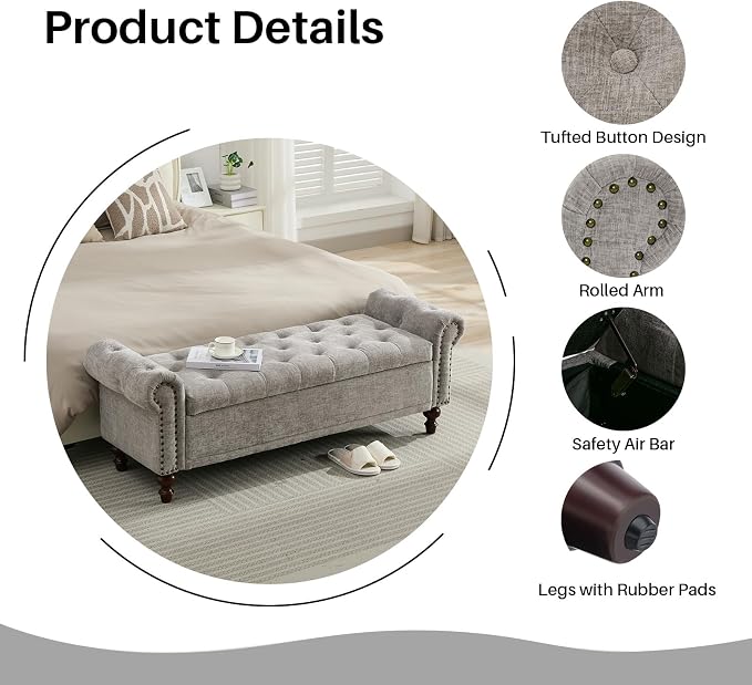 SOFTHION 58.1" Storage Bench Upholstered Chenille End of Bedroom Bed Bench Ottoman with Tufted Cushioned Rolled Arm Large Storage Space for Reading Living Room Entryway, Light Grey - Image 4