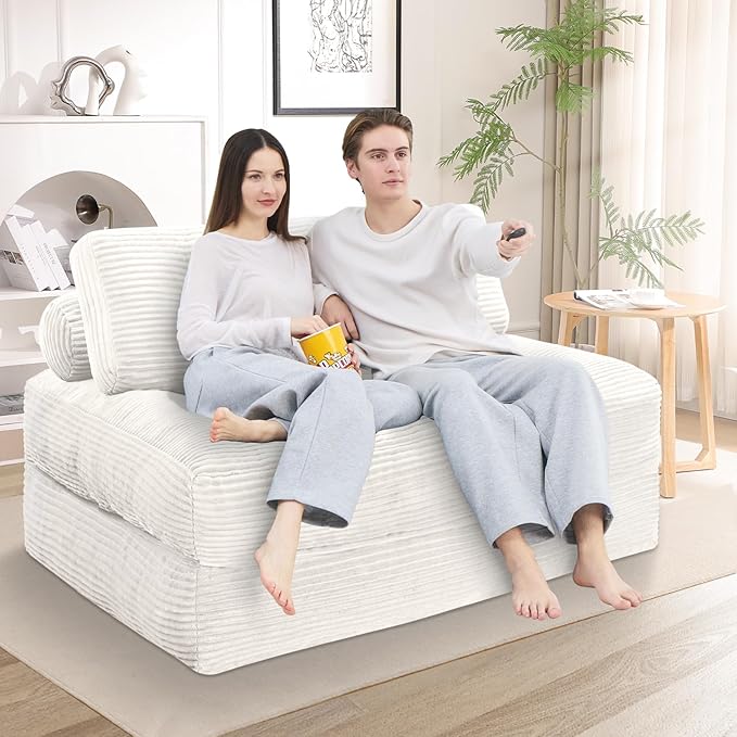 Folding Sofa Bed, Convertible Sleeper Chair with Pillow & Handle, Foldable Mattress Futon Chair Bed Lounge with Back Support, Comfy Floor Sofa for Living Room Bedroom, Beige, Full