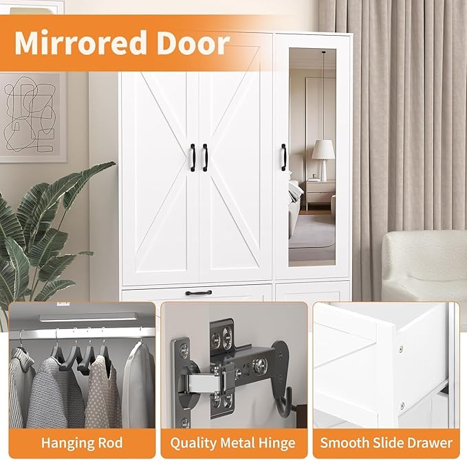 Armoire Wardrobe Closet with Mirror Door and LED Lights,3 Doors Farmhouse Bedroom Armoire with Drawers,Large Capacity Freestanding Armoire with Hanging Rod,Adjustable Shelves and Hooks(White