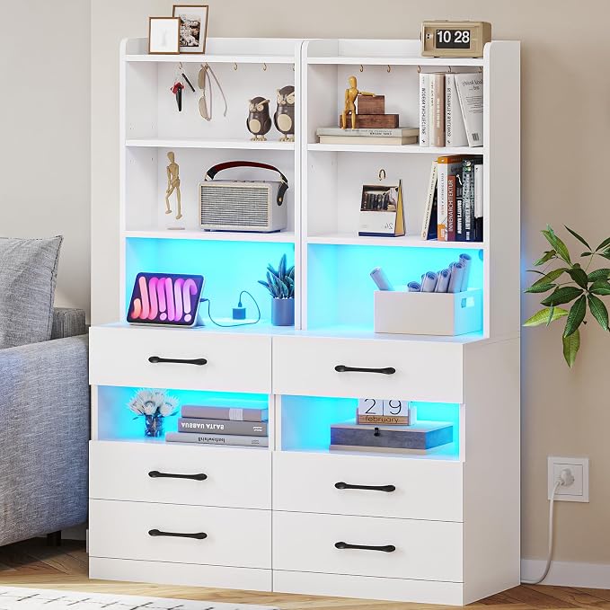 VIAGDO Tall Nightstand Set of 2 with Charging Station and LED Lights, White Night Stand Set 2 with Bookshelf, Modern LED Bedside Tables with 3 Drawers and Storage Shelves, Side Tables for Bedrooms by VIAGDO