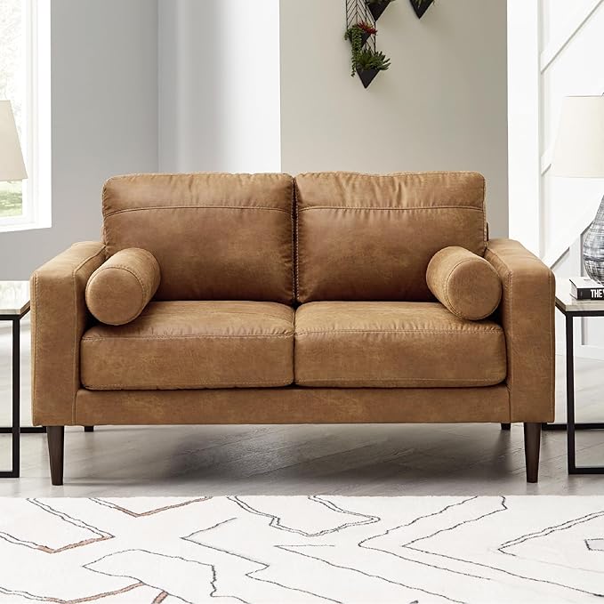 Signature Design by Ashley Telora Modern Faux Leather Loveseat with 2 Bolster Pillows, Dark Brown