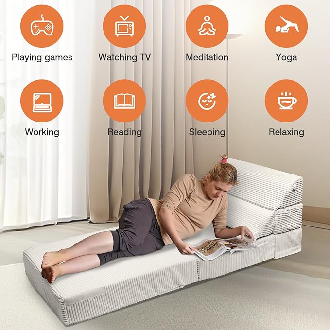 Comfy Foldable Sofa Bed - Convertible Sleeper Sofa Fold Out Sofa Bed Folding Chair Couch for Living Room Bedroom Guest, Floor Chairs Lounger Mattress Folding Sofa Bed with Back Support, Beige