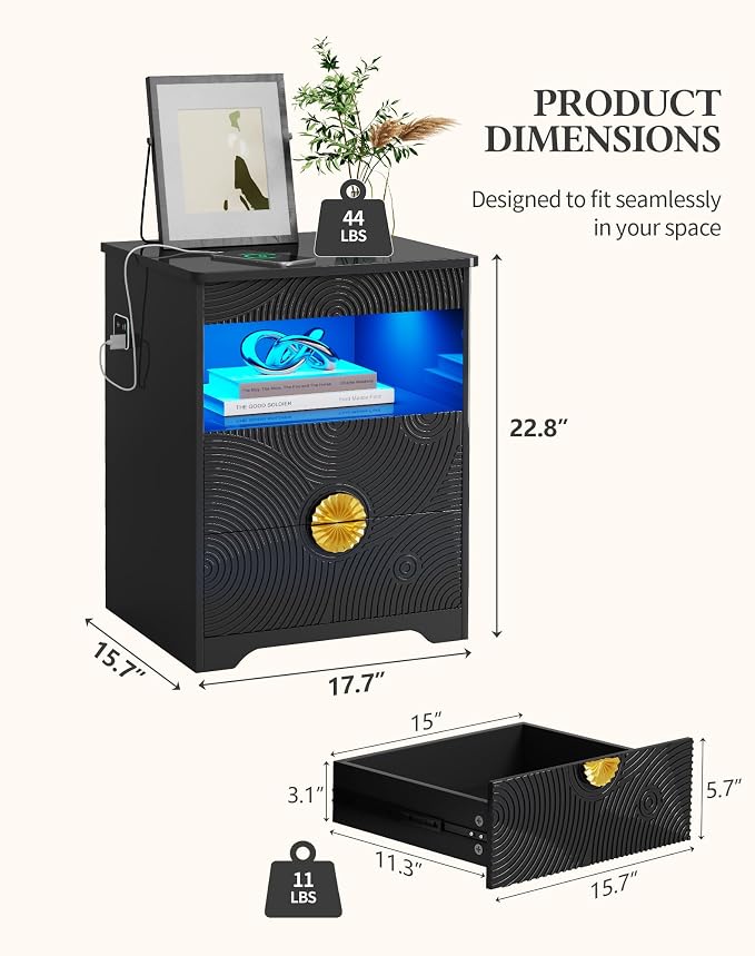 Modern Nightstand Set 2 with Gun Drawer, Bedside Table with 3-Color LED Lights & Human Sensor, Smart Night Stands with Charger Station, 2 Drawers End Table for Bedroom, Black - Image 3