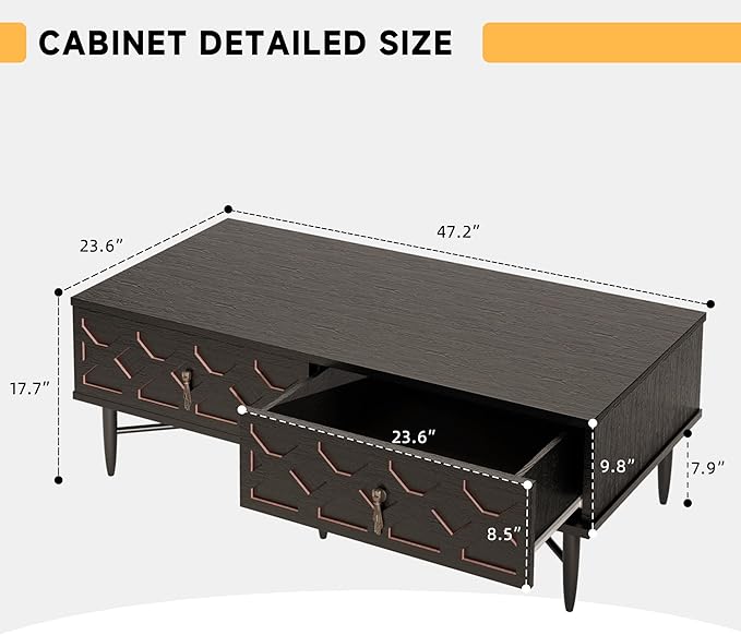 Farmhouse Coffee Table, Carved Decorative Center Table, Tea Table, Fluted Wooden Coffee Table with Storage for Living Room and Office. Ebony Black