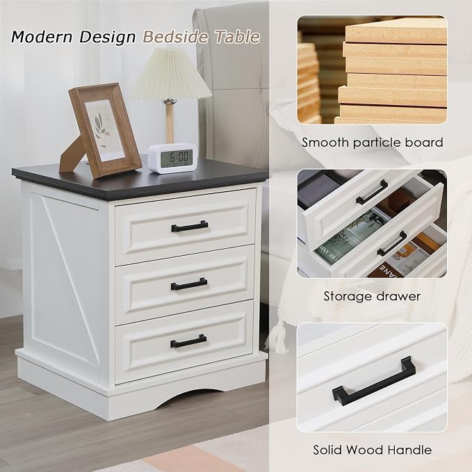 Farmhouse Night Stands Set of 2, Wood Nightstand with Charging Station, 22" Wide End Table with 3 Drawers, White Bedside Cabinet for Bedroom - Image 4