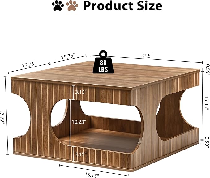 Square Coffee Table with Storage, 31.5" Hollow Cube Coffee Table, 2-Tier Mid-Century Modern Center Table with Arched Cutouts & Carved Lines for Living Room, Cat-Friendly Base (Walnut)