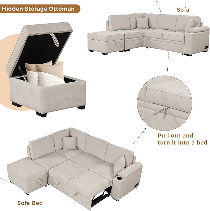Ball & Cast 84" Convertible Sectional Sofa Bed,L-Shaped Sleeper Couch w/Storage Ottoman,Cup Holder and Charging Stations,Put Out Sofas w/Chaise,for Living Room and Small Apartment,Beige