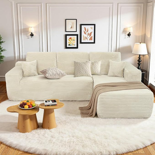 Rovibek 105" Boneless Couches for Living Room, Beige Couch with Chaise, Modular Sectional Sofa with Throw Pillow & Deep Seat, No Assembly Required Compressed Sofa