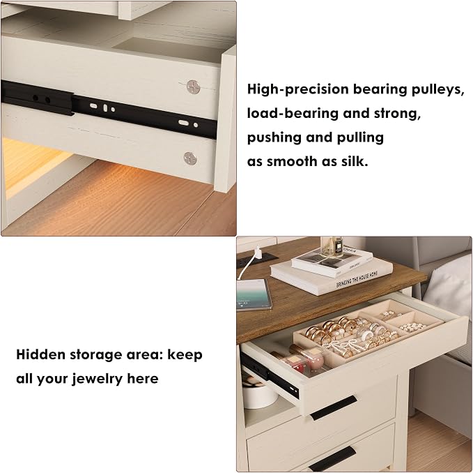 Rresyet 3 Drawer Nightstand with Charging Station & LED Lights & Open Shelf, Modern Night Stand with Storage, Wooden Bedside Table for Bedroom Room, Office (White) - Image 5