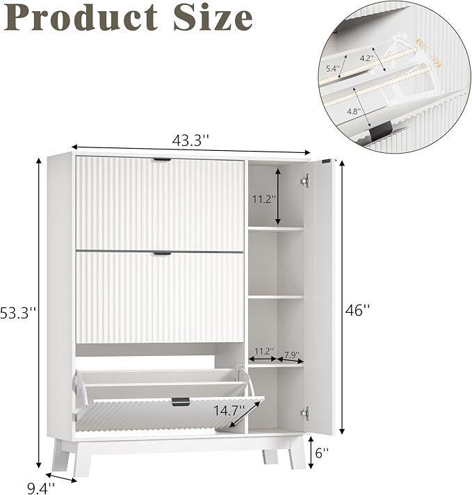 Shoe Cabinet Storage for Entryway with 3 Flip Drawers & Side Cabinet, Fluted Narrow Shoe Organizer with Wooden Leg, Freestanding Shoe Storage Hidden Shoe Rack Organizer for Front Door Entrance, White - Image 2