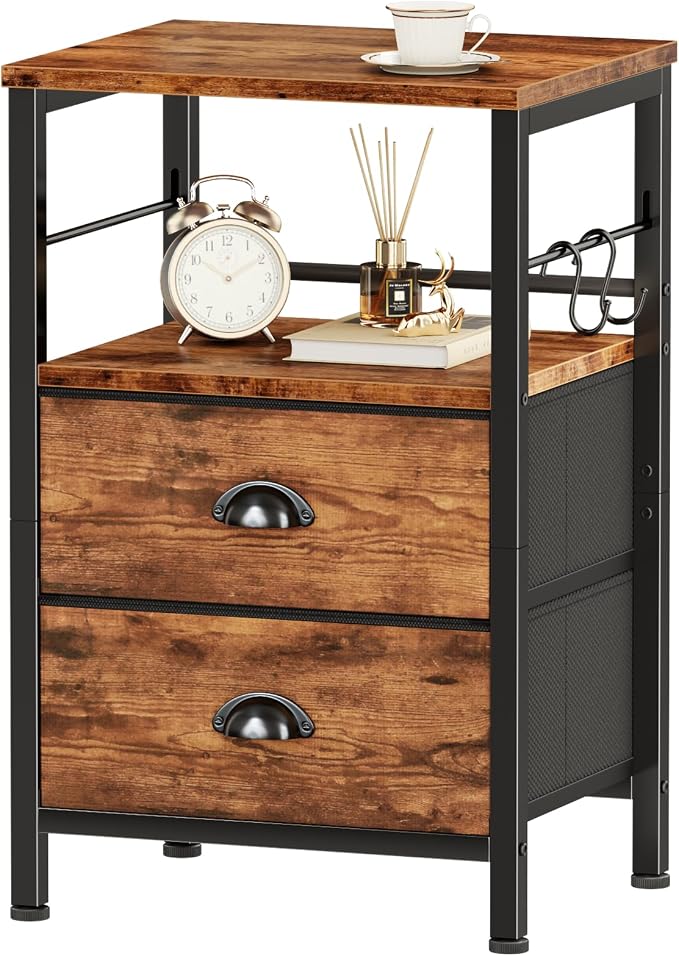 Furologee Nightstand with 2 Fabric Drawers, Night Stand with 2-Tier Shelf, Bedside Table with Hooks, Open Wooden Shelf, End Table for Bedroom, Backboard Design, Metal Frame, Rustic Brown by Furologee