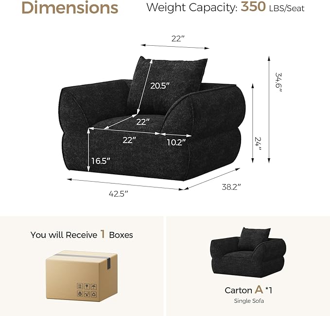 42.5" Single Cloud Sofa, Boneless Couch for Small Spaces, Modern Comfortable Upholstery Sofas with Pillows for Living Room, Apartment, Dorm, Office, Removable Cover, No Assembly Required