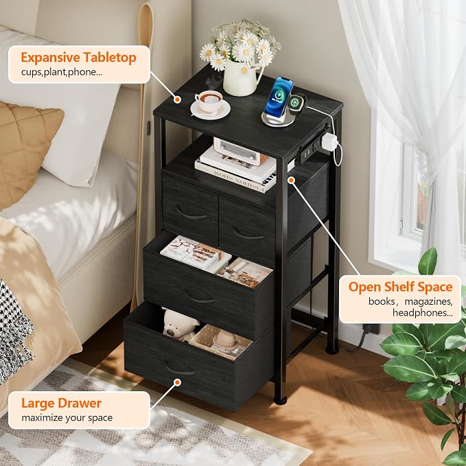 Furnulem Tall Night Stand with Charging Station and Led Light, Small Dresser with Open Shelf and 4 Storage Drawers, Black Side Table Fabric Nightstand for Bedroom, Entryway, Bedside Furniture | and Led Light, Open Shelf, 4 Storage Drawers, for Bedroom,... - Image 4