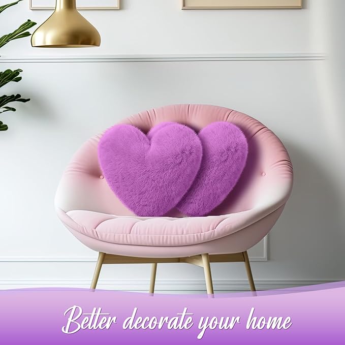 Marsui 2 Pcs Heart Throw Pillows, Soft Fluffy Faux Fur Decorative Hearts Shaped Pillows for Living Room Sofa Bed, Cute Heart Themed Gift for Women(Dark Royal Purple,11.81 x 11.02 Inch)