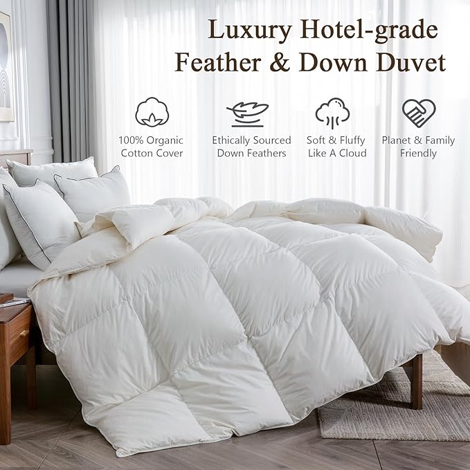 BPC Goose Feather Down Fiber Comforter Oversized King - 100% Organic Cotton Cover, 750 FP Cloudy-Fluffy Duvet Insert for All-Season, White, 120x98 Inches
