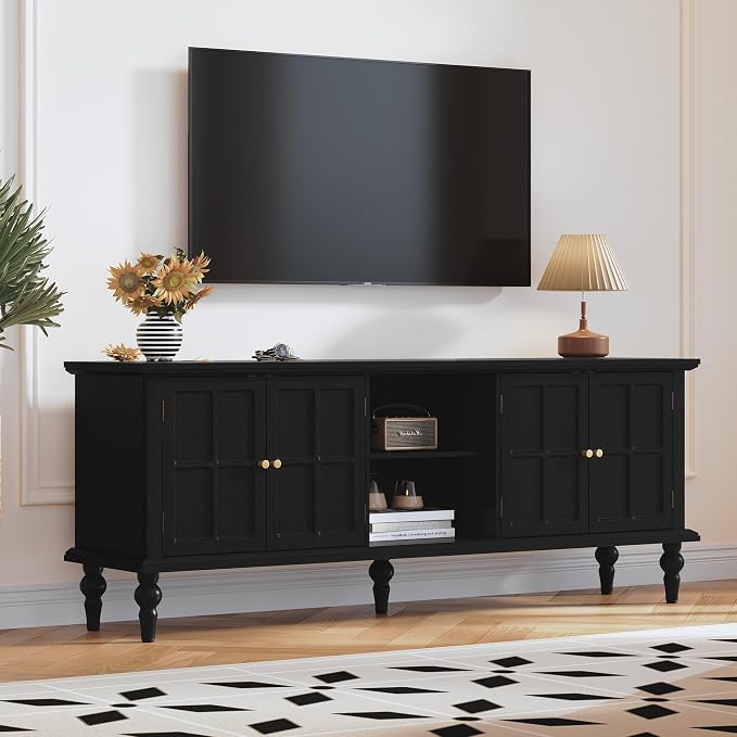 3More 67" Mid Century Modern TV Stand with Window Design,Wood Entertainment Center with Open Shelf,Up to 70" Media TV for Living Room or Bedroom,Black - Image 3