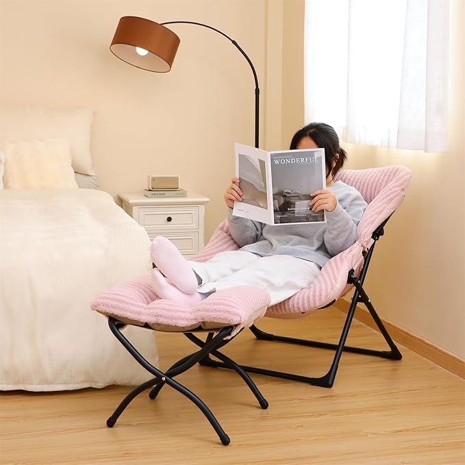 Comfy Saucer Chair for Adults, Soft Faux Fur Bedroom Chair, Accent Dorm Chairs, Flexible Living Room Reading Chairs, Oversized Folding Seat for Teens, X-Large, Stripe Pink