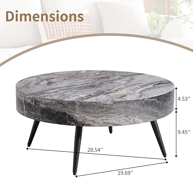 Round Coffee Table, Small Wood Marble Coffee Table with Storage, Modern Mid Century Circle Tables Accent Center Tables for Living Room Apartment Small Space (31.5''D-Marble Grey)