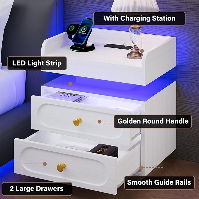 4ever2buy White Nightstand with Adjustable LED Lights and Charging Station Modern Bedside Table with 2 Drawers End Table for Bedroom - Image 5