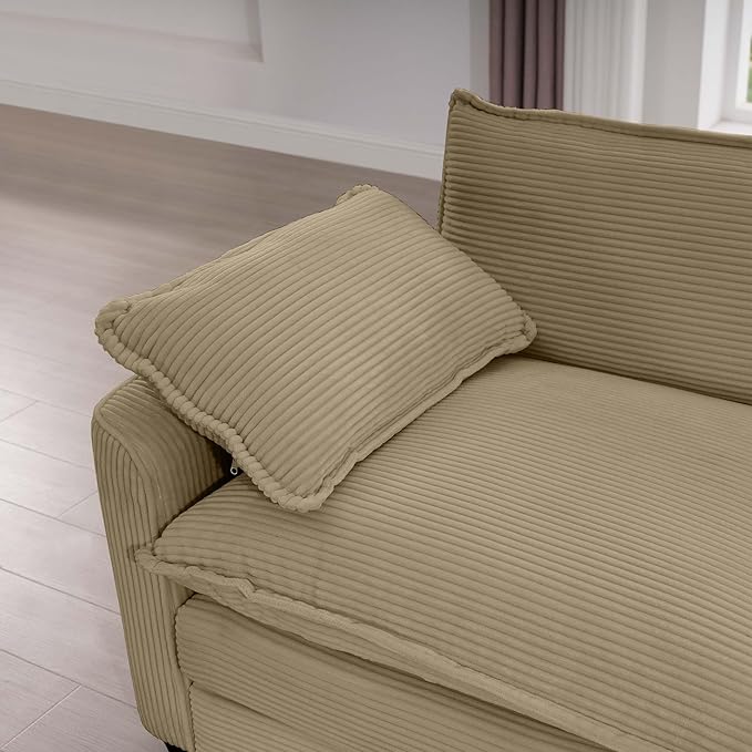 KEIKI 80" Oversized Corduroy Modular Sectional Loveseat Sofa with 2 Ottoman, High-Density Foam Cushions, Removable Armrests, Upholstered 2-Seater Corner Couch with 4 Pillow, for Living Room, Tan