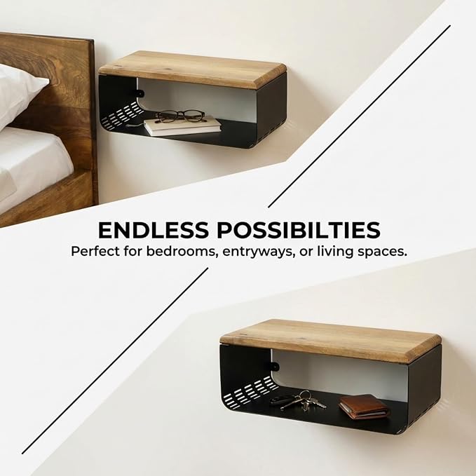 Floating Nightstand with Walnut Top | Modern Bedroom Decor | Minimalist Wall-Mounted Bedside Nightstand | Wall Mounted Shelf | Obsidian Oasis: Bold Black - Image 8