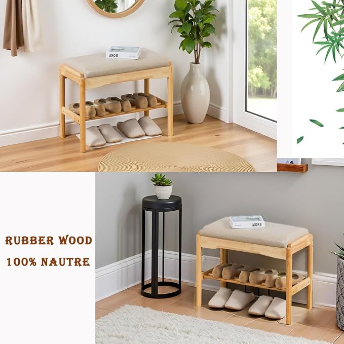 latifolia Small Shoe Bench, Solid Wood Bench with Cushion, 2 Tier Shoe Storage Organizer for Entryway(Nature,23.62''L) - Image 5