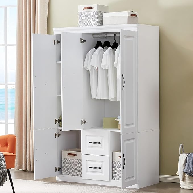 GraceGrove Armoire Wardrobe Closet with 3 Door Armoires and Wardrobes with 2 Drawers Tall Cabinet for Large Capacity, Closet Wardrobe Cabinet with Hanging Rail and Metal Handle for Bedroom White