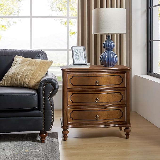 HULALA HOME Traditional Side Table with 3 Drawers, Tall Side Table with Curved Front Profle Desgin, Charging Station, Solid Wood Legs, SEADRIFT by HULALAHOME