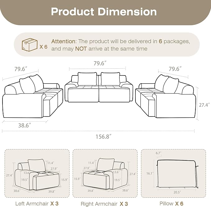 Modular Sectional Sofa, 6 Seat Modular Couch, Modular Sofa with Deep Seat and Detachable Pillow (Black, 6 Pieces-Rowshape 3 Side)