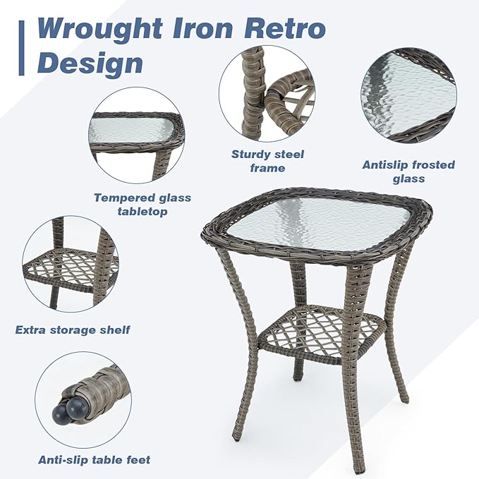 EROMMY 3 Pieces Outdoor Swivel Rocker Patio Chairs, 360 Degree Rocking Patio Conversation Set with Thickened Cushions and Glass Coffee Table for Backyard, Navy Blue