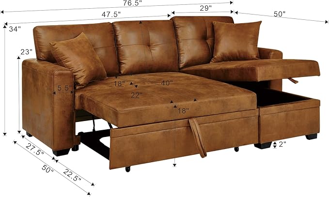 76.5" Sectional Sleeper Sofa with Pull Out Bed, L Shaped 3 Seat Sectional Couches for Living Room,Pull Out Couch Convertible Sofa Bed with Reversible Storage Chaise & 2 Pillows,Brown
